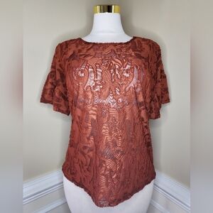 Lavish Burnt Orange Sheer Patterned Top